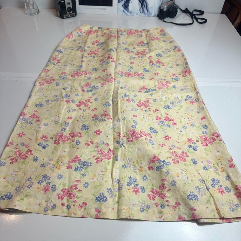 90s Linen Floral Midi Skirt | Liz Claiborne Coastal Garden A-Line - Picture 8 of 9